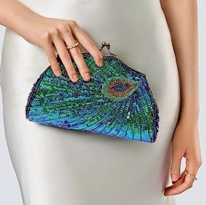 Peacock Feather 1920s 30s Vintage Style Sequin Clutch Purse Blue Green Crossbody
